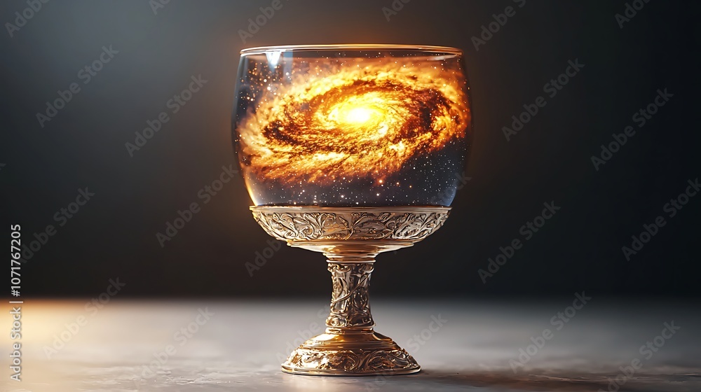 Poster stunning 3d rendering of a cosmic galaxy floating inside an elegant goblet, capturing the beauty of 