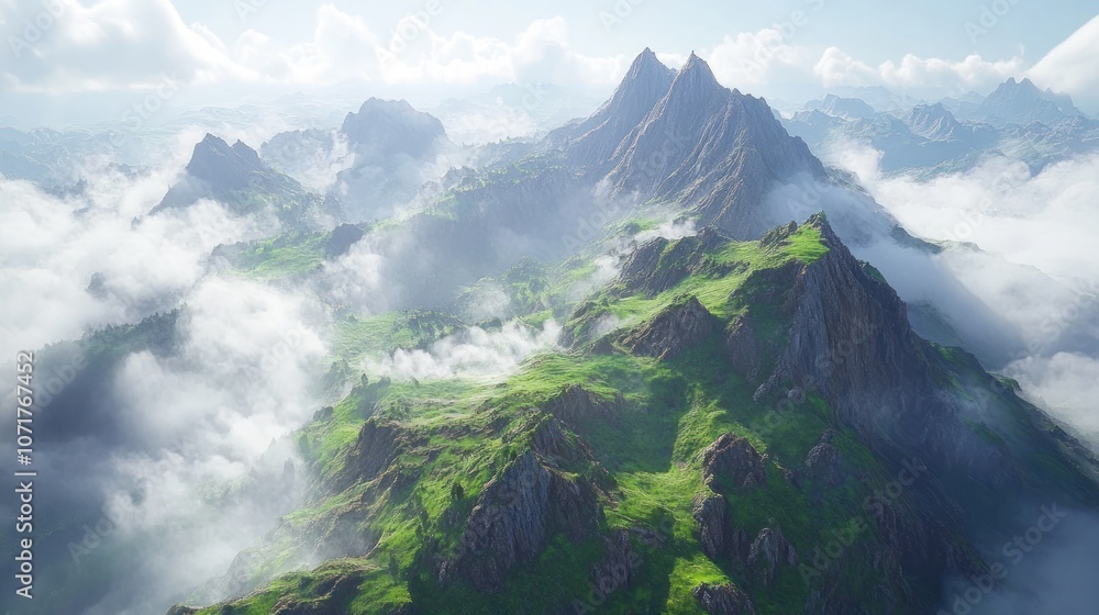 Poster an aerial view of a mountain range with a thick layer of clouds below.