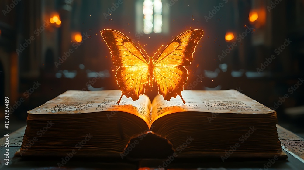 Poster ethereal 3d rendering of a glowing butterfly emerging from an ancient book in a dimly lit gothic env