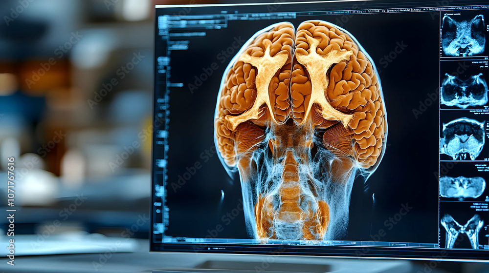 Poster computer screen showing 3d scan of human skull