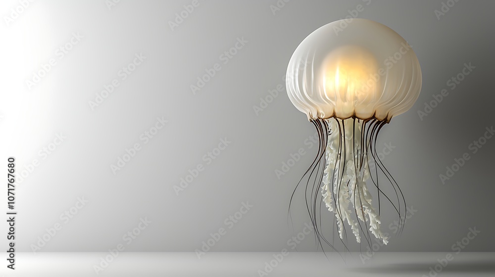 Aufkleber ethereal 3d rendering of a glowing jellyfish floating gracefully against a soft grey background, cap