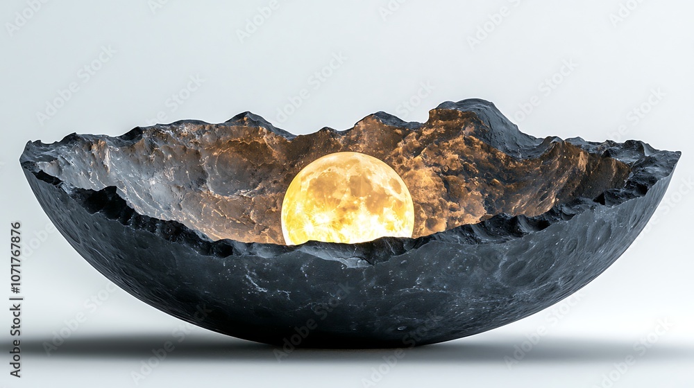 Poster stunning 3d rendering of a glowing moon rising from a unique organic bowl, illuminating the surface 