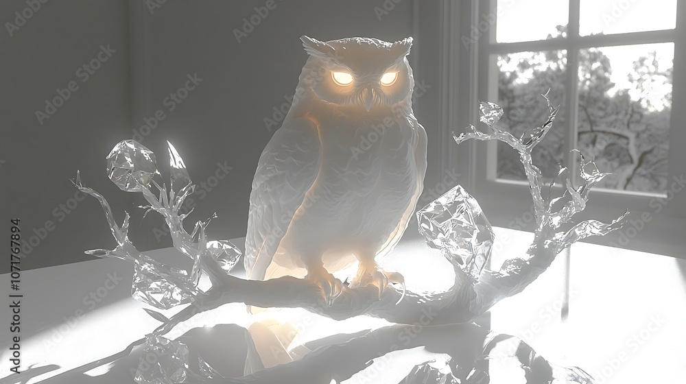 Aufkleber glowing 3d rendering of an enigmatic owl perched elegantly on a crystal-like branch, illuminating th