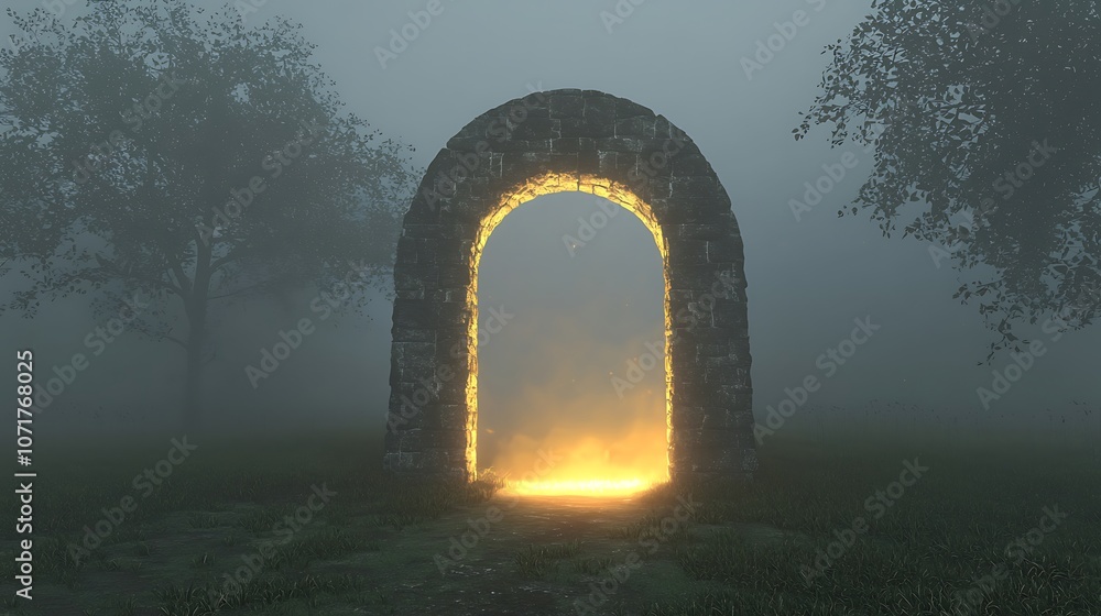 Poster glowing golden archway in a misty landscape with mysterious atmosphere and atmospheric lighting effe