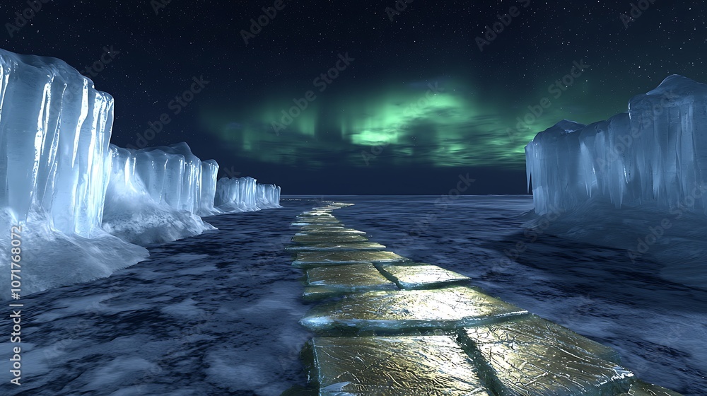Poster stunning 3d rendering of a golden road lined with icy structures under an enchanting aurora borealis
