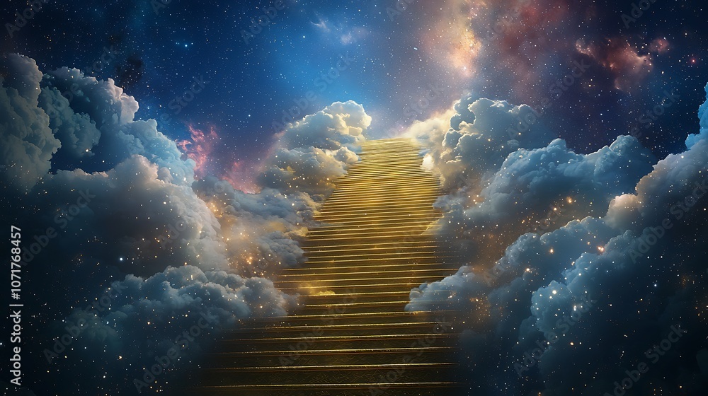 Aufkleber ethereal 3d rendering of a golden staircase ascending through clouds to an enigmatic celestial realm