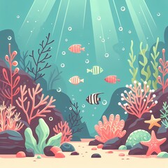 Simple underwater scene with coral and seaweed, Flat style