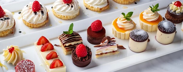 Delicious Dessert Assortment: Chocolate, Strawberry, and Vanilla Mini Cakes