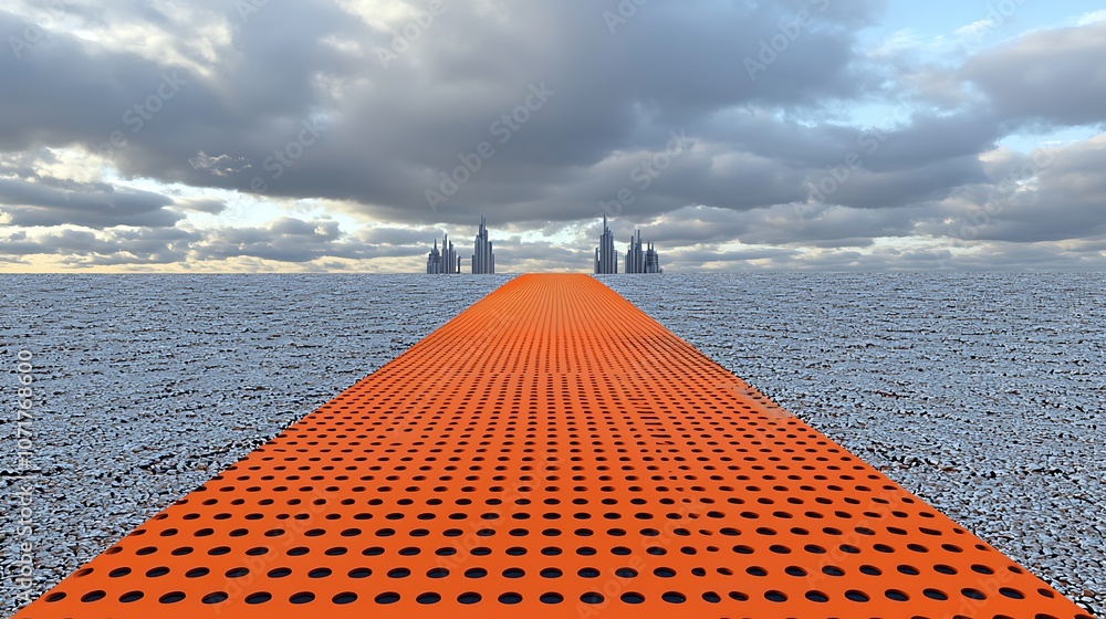 Aufkleber 3d rendering of a metallic orange path leading towards futuristic structures under a cloudy sky in a