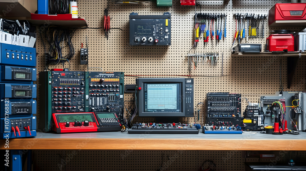 Poster Electronics Workshop: Close Up of a Workstation with Circuit Boards and Test Equipment - Realistic Image