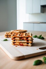 Pizza waffle slices on a cutting board in the kitchen.