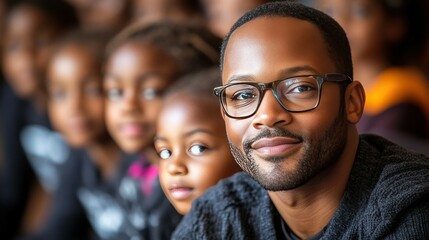 Obraz premium A man with glasses is smiling at a group of children. The children are looking at him. The man is wearing a black sweater