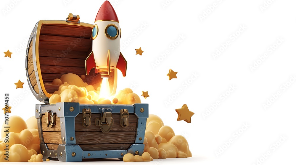 Aufkleber 3d rendering of a rocket launching out of an open treasure chest surrounded by clouds and stars, cap