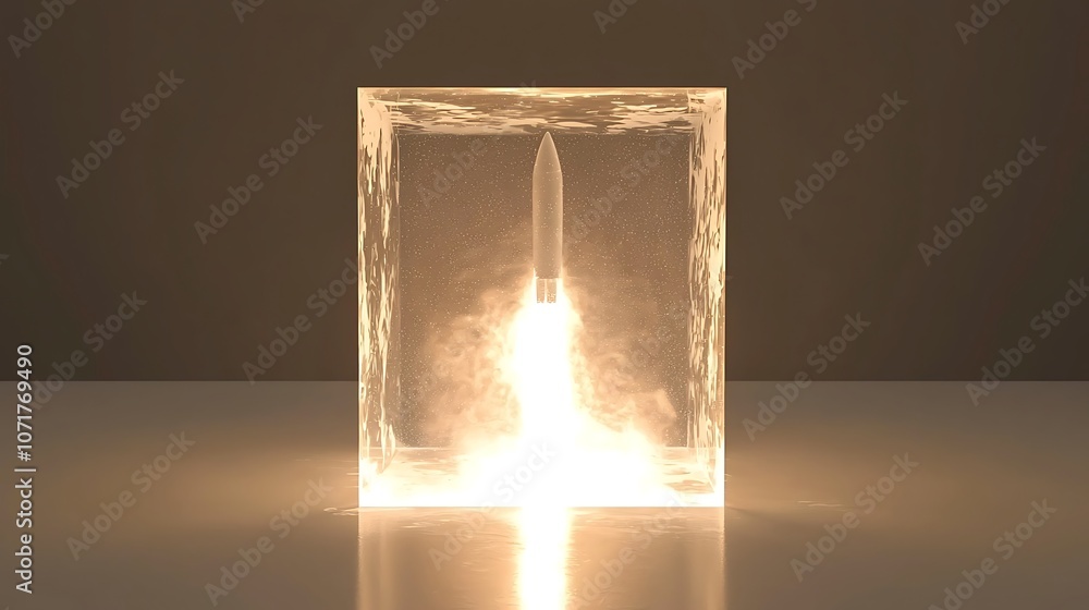 Poster stunning 3d rendering of a rocket launching inside a transparent cube, capturing the dynamic energy 
