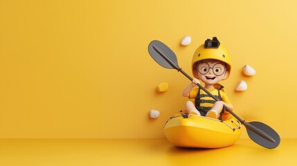 Happy Child Kayaking in Bright Yellow Background