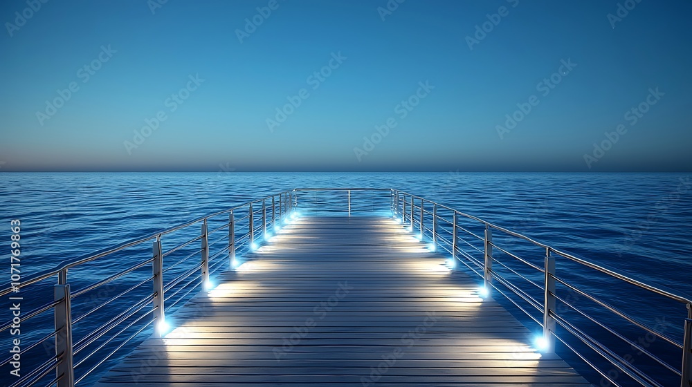 Poster serene 3d rendering of a silver bridge over calm blue waters at dusk with soft illuminated lights cr