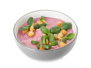 Tasty beetroot hummus and chickpeas in bowl isolated on white