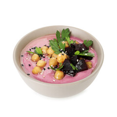 Tasty beetroot hummus and chickpeas in bowl isolated on white