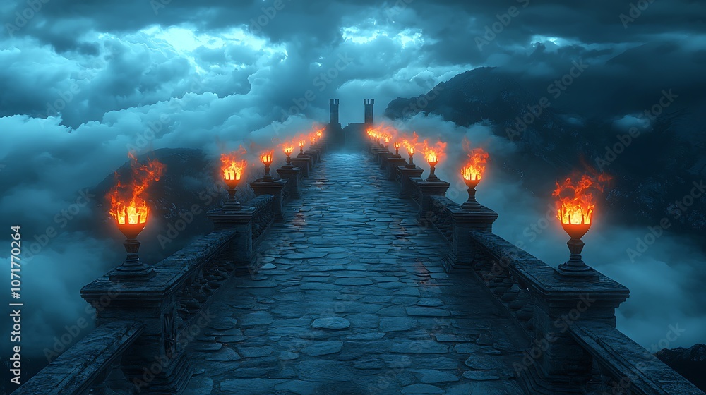 Poster 3d rendering of a stone pathway through a mystical landscape with fiery torches and dramatic clouds 