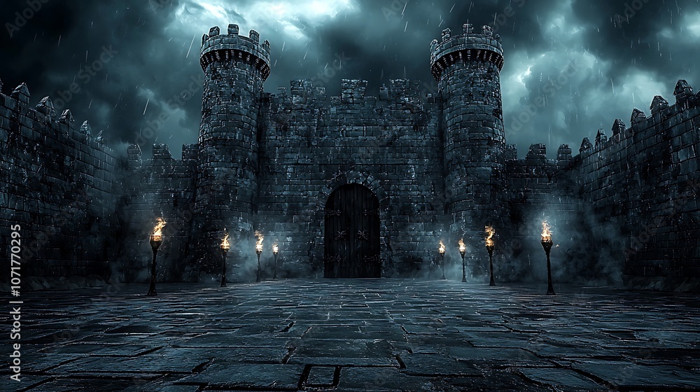 Poster 3d rendering of a stone pathway leading through a dark and ominous medieval castle with towering wal
