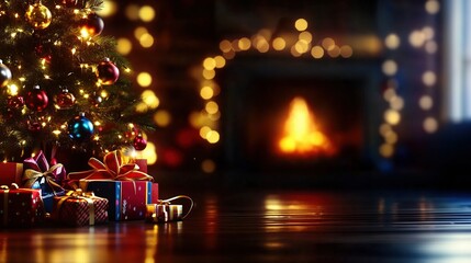 Obraz premium A warmly lit Christmas tree decorated with colorful gifts standing near a glowing fireplace in a cozy, dimly lit room, showcasing a festive atmosphere with soft, cinematic bokeh in the background. Thi