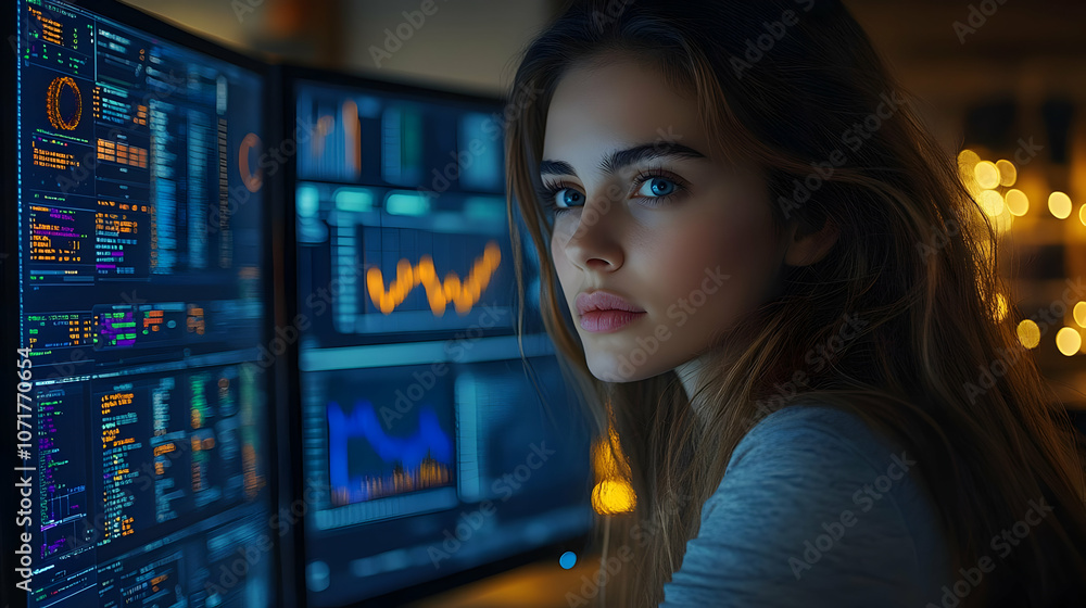 Aufkleber woman looking at computer screen with data - realistic image
