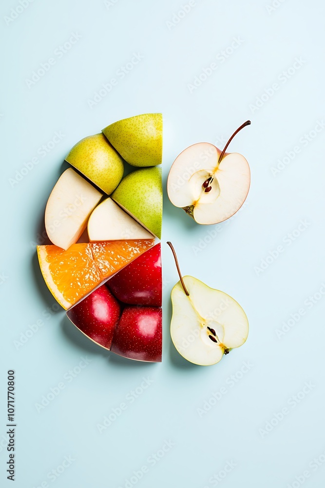 Poster a colorful fruit salad with a slice of apple and pear. the fruit salad is arranged in a circle, with