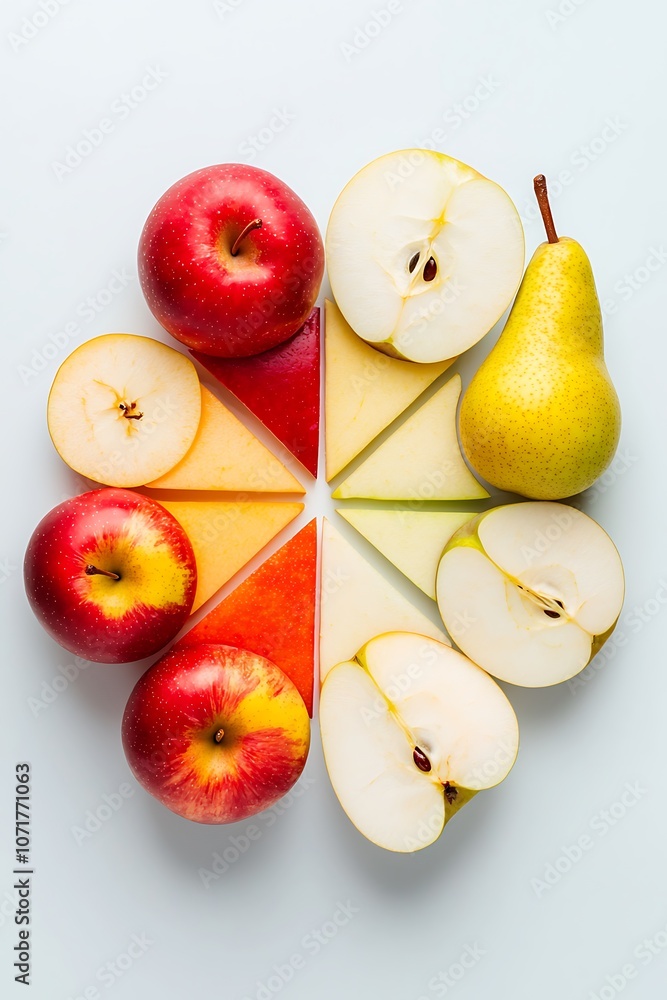Poster a colorful fruit salad with apples, pears, and cheese. the apples are cut into slices and arranged i
