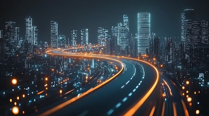 Fototapeta premium Futuristic 3D Rendering of Winding Road Through Neon-Lit Cityscape with High-Tech Skyscrapers and Illuminated Pathways in a Dynamic Urban Environment