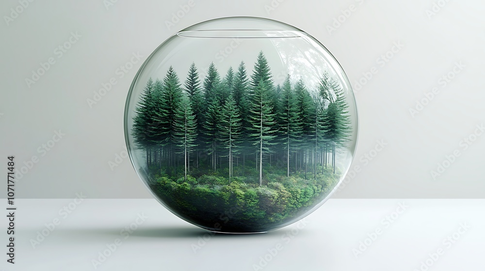 Poster captivating 3d rendering of an enchanted forest thriving within a transparent globe, showcasing lush