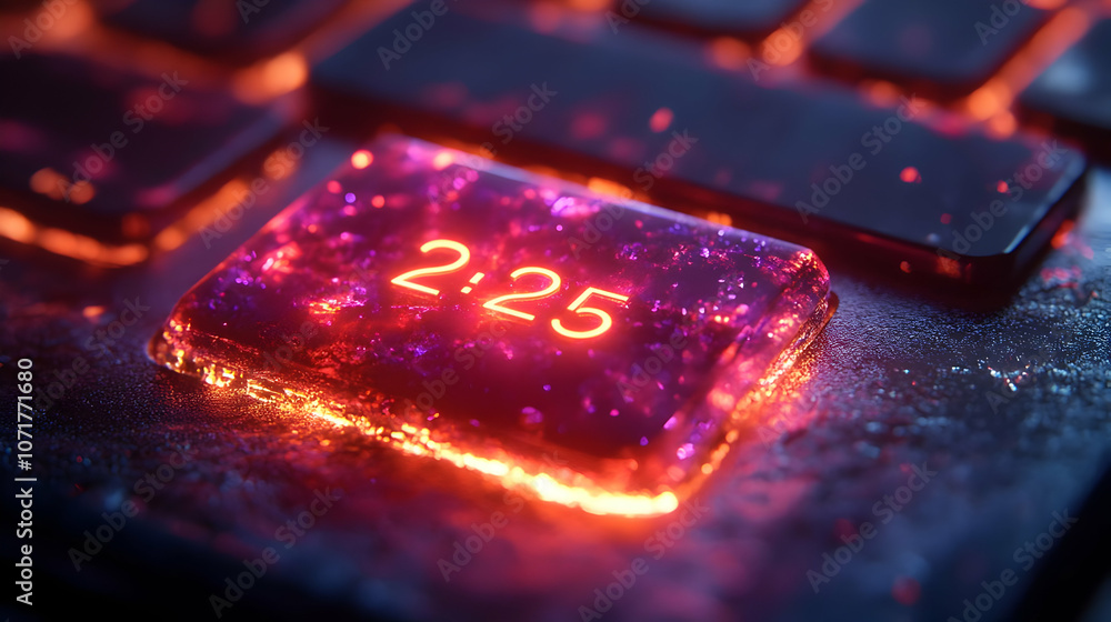 Poster glowing 2:25 time display on 3d keyboard - abstract illustration