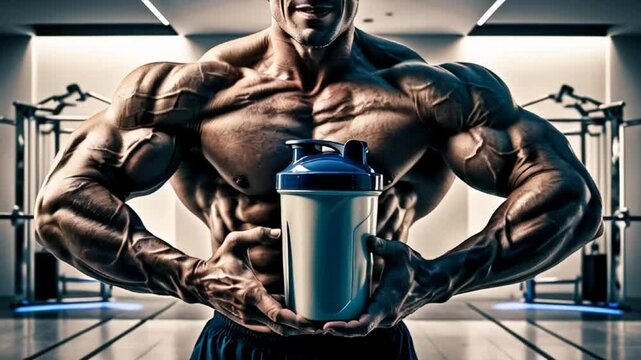 Strong arms of a male athlete in a gym holding a container with protein