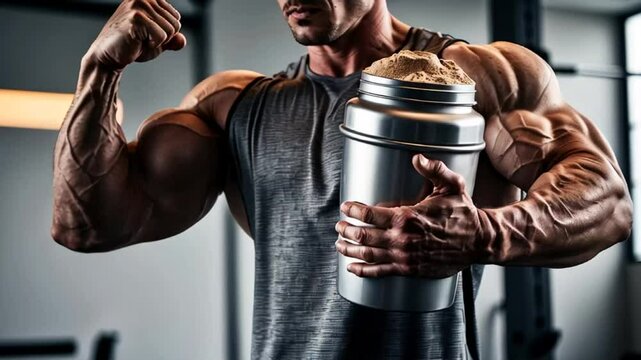 Strong arms of a male athlete in a gym holding a container with protein