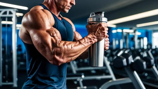 Strong arms of a male athlete in a gym holding a container with protein
