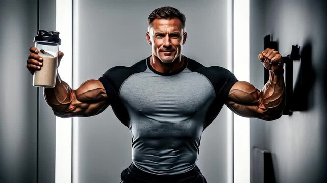 Strong arms of a male athlete in a gym holding a container with protein