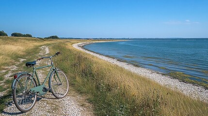 Obraz premium A bicycle parked on a gravel path overlooking a scenic coastal landscape with a calm blue sea and a clear sky.