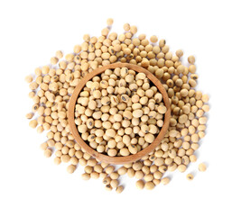 Soy beans in bowl isolated on white, top view