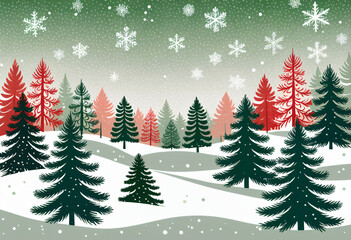 Obraz premium snowflakes gently fall around festive evergreen trees crisp winter background hint red green hues surrounding