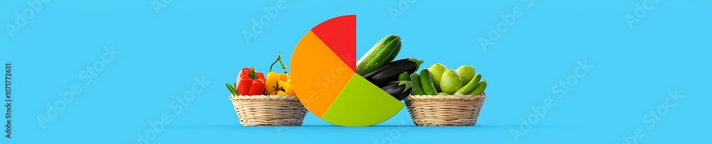 Poster a colorful image of fruits and vegetables with a pie chart in the middle. the pie chart is divided i