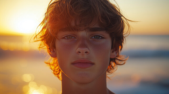 Close-up shot the teenage boy dreamily looking straight after his first kiss