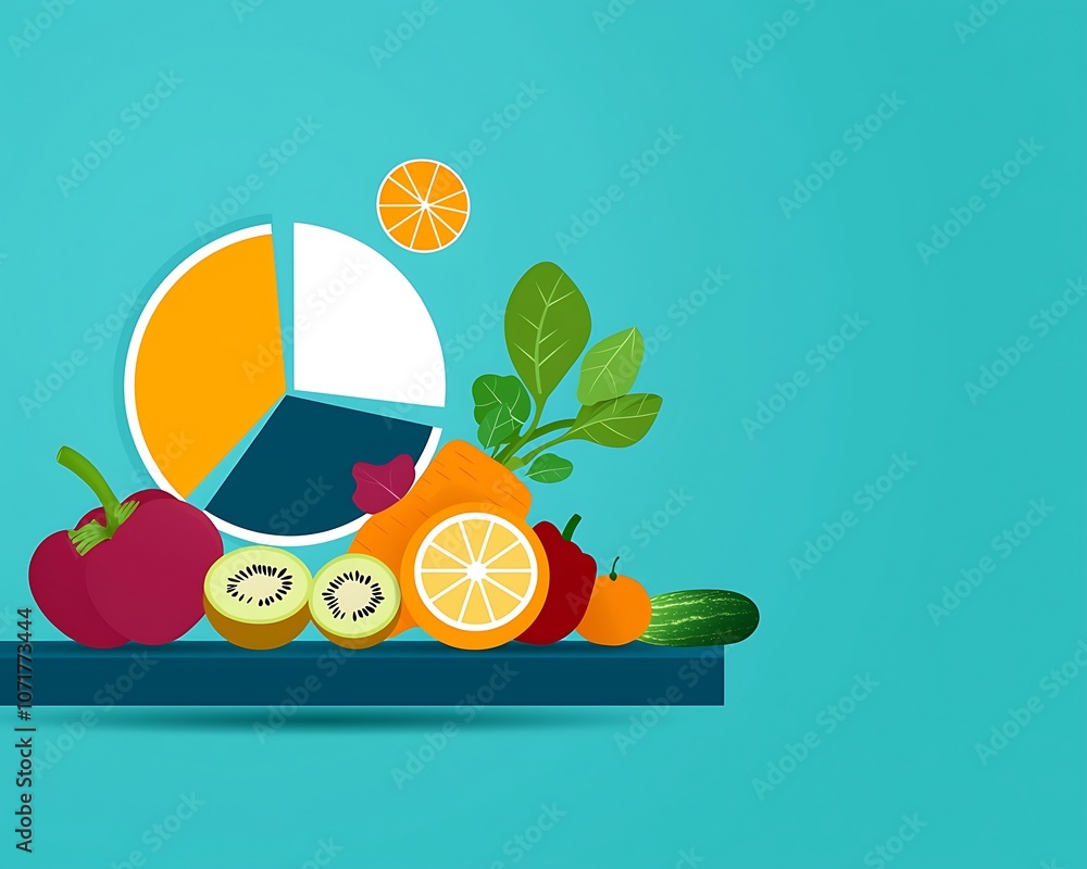Poster a colorful image of fruits and vegetables with a pie chart in the middle. the pie chart is divided i
