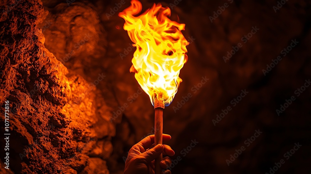 Poster close-up of a clenched hand holding a burning torch in a dark environment highlighting the intensity