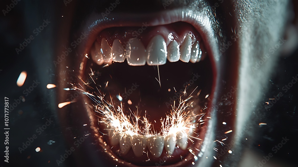 Poster close-up of clenched jaw with teeth grinded together, capturing an intense expression with spark eff