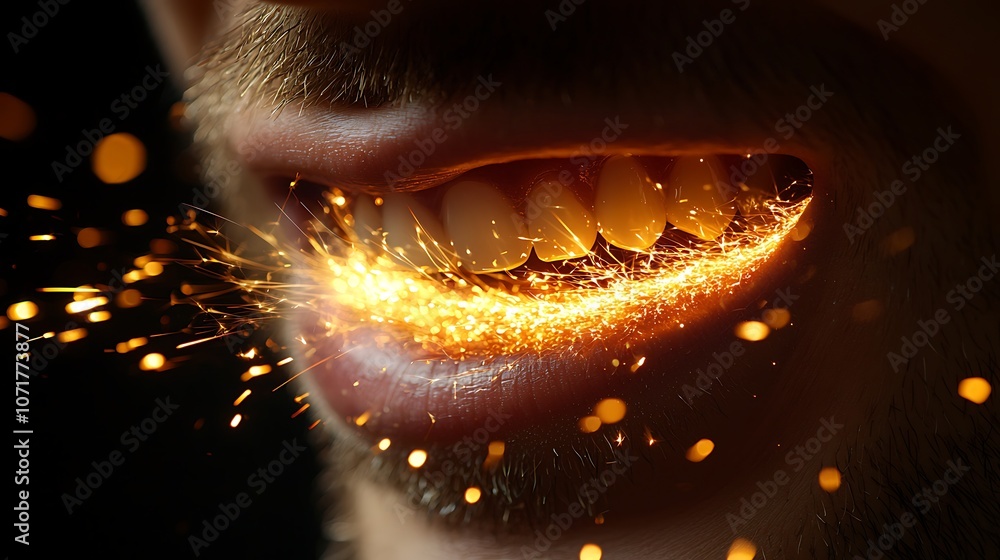 Poster close-up of clenched jaw with teeth grinding sparks, capturing intensity and power through a dynamic