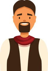 Smiling farmer wearing vest and red scarf, cartoon character illustration