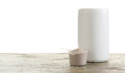 Protein powder on textured table against white background, space for text
