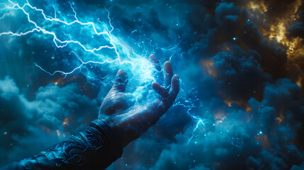 Fototapeta premium Hand holding up a lightning bolt. Energy and power. Stormy background. Blue glow. Zeus, thor