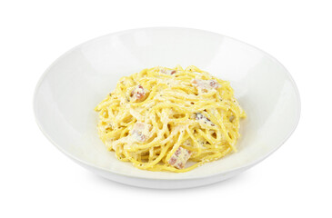 Delicious pasta Carbonara in bowl isolated on white