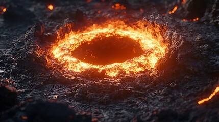 Glowing Meteor Crash Creating Fiery Lava Ring on Volcanic Surface at Night Captured in Stunning Close-Up Detail