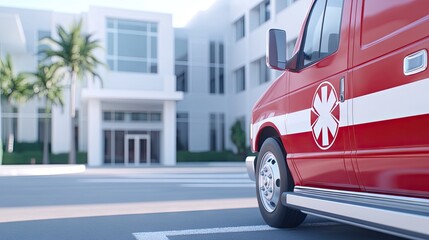Close-up of a red ambulance stationed outside a hospital on a bright day, featuring intricate medical symbols and high-definition details